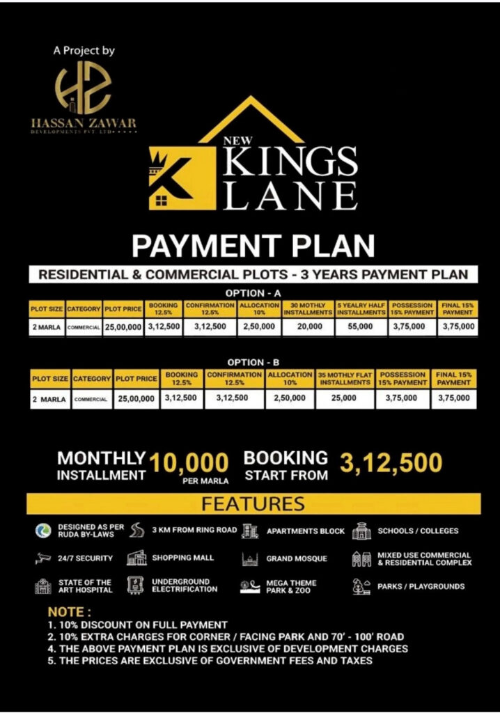 Commercial Payment plan Kings Lane Lahore