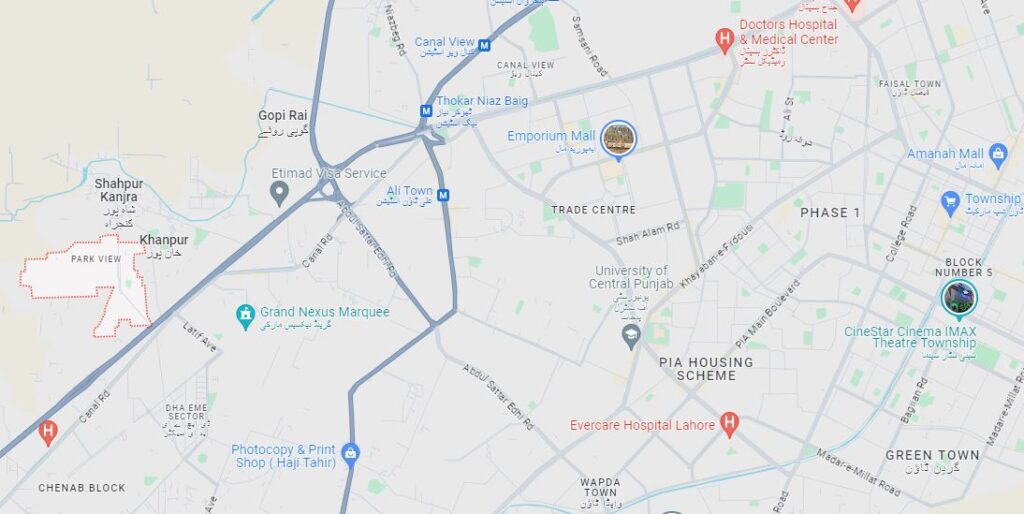 Park View City Lahore Location Map