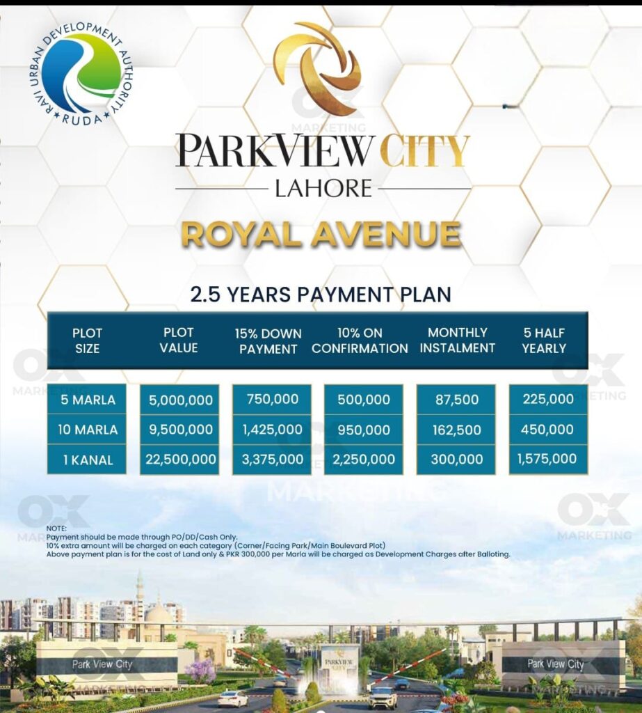 Park View City Lahore Royal Avenue Block Payment Plan