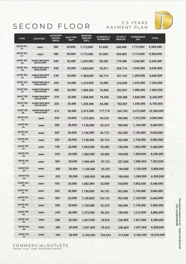 Downtown tower 2nd Floor payment plan